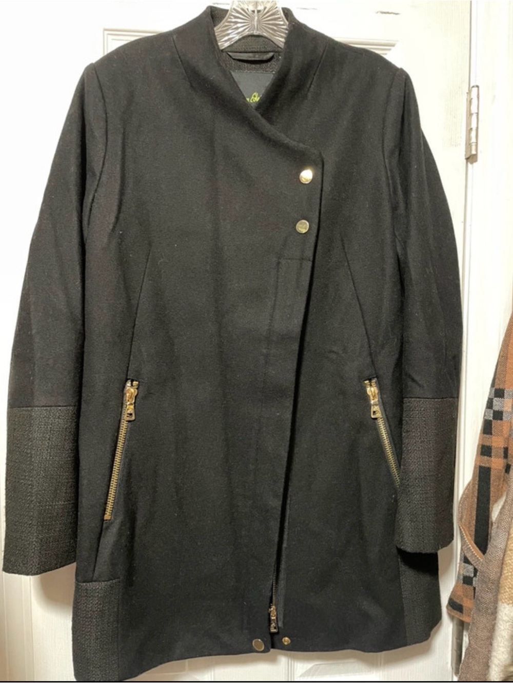 Sam Edelman Zoey Wool Black Asymmetric Snap-Front Pea Coat with Gold Hardware